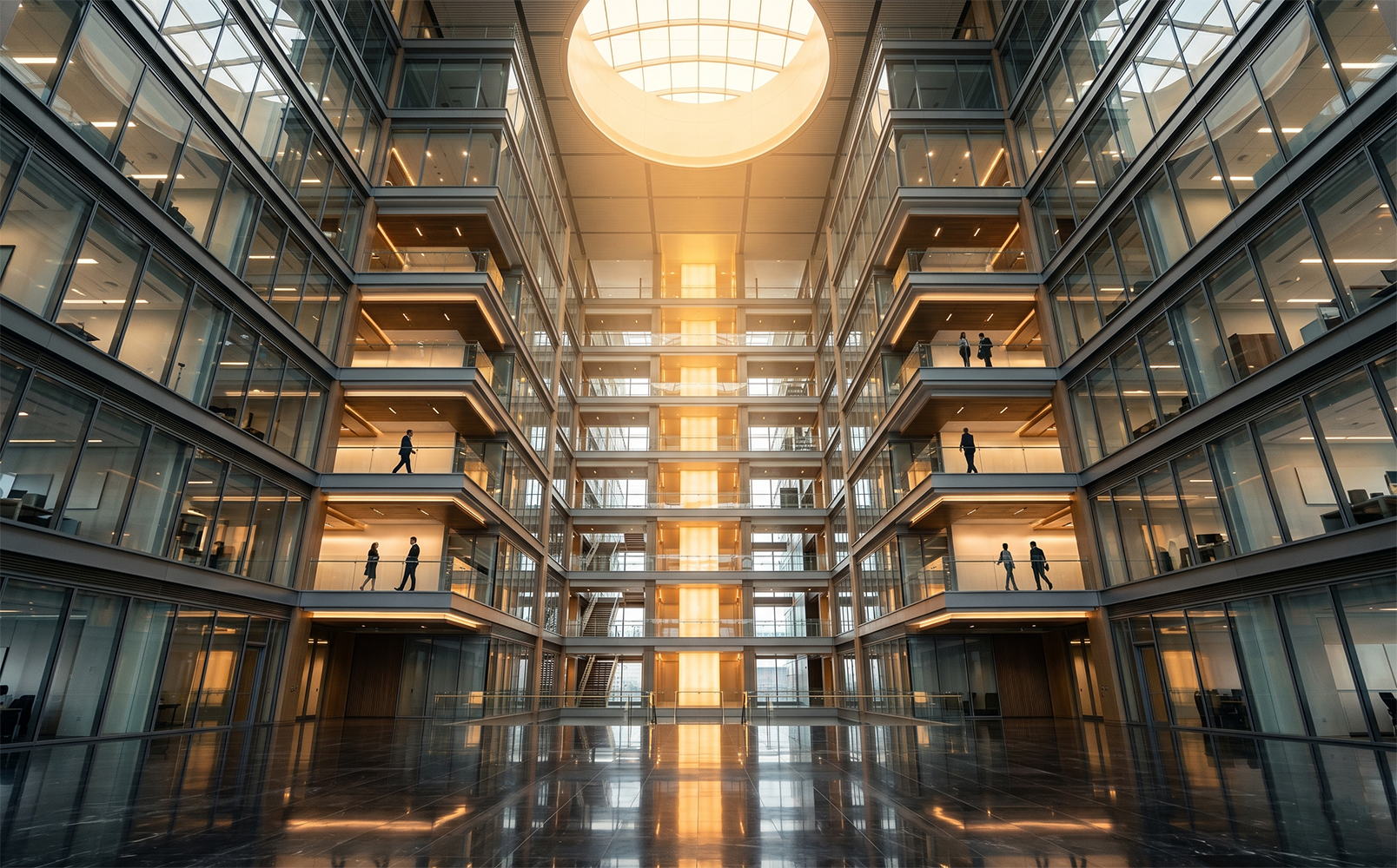 IWMP corporate headquarters atrium representing integrated structure