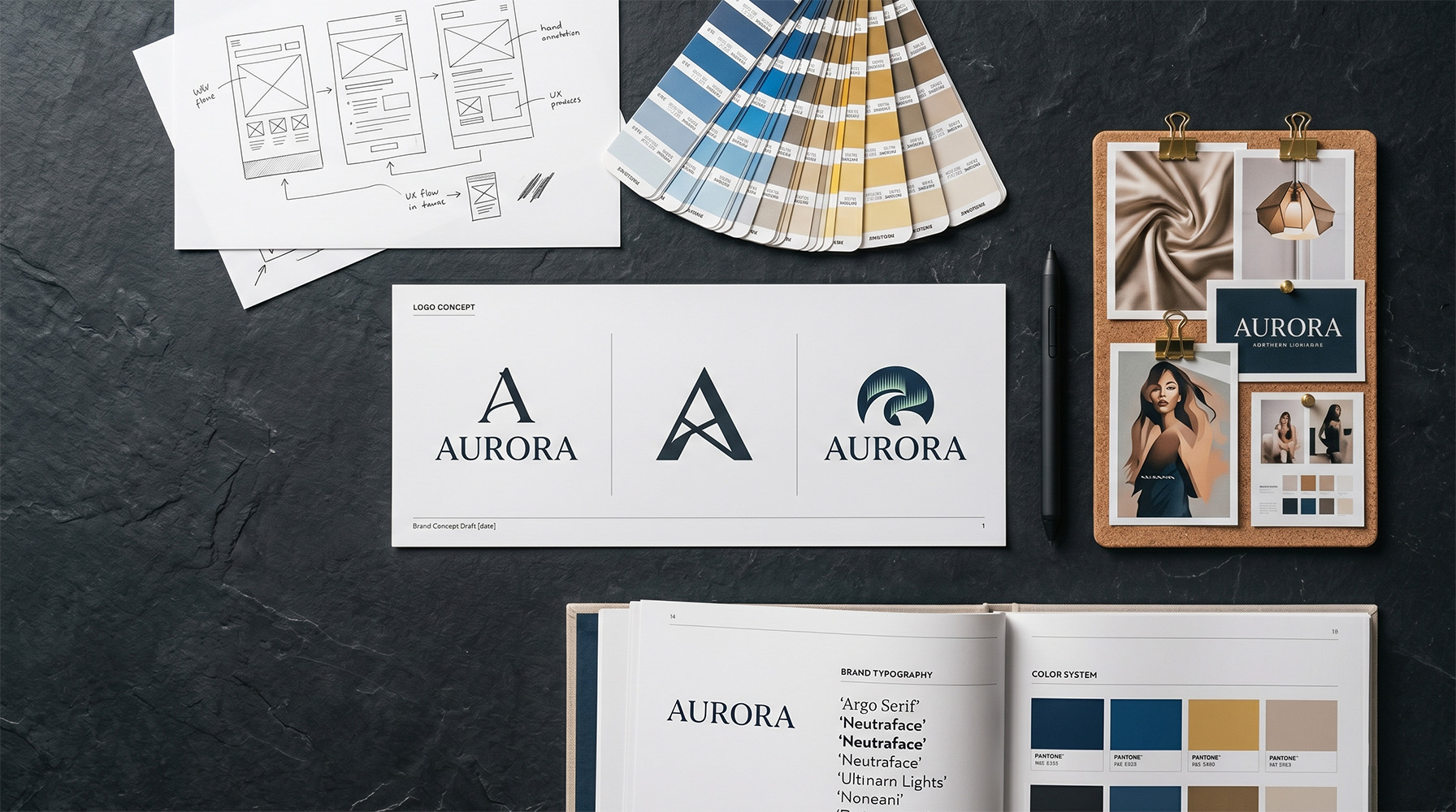 IWAD creative brief — wireframes, color swatches, and logo concepts
